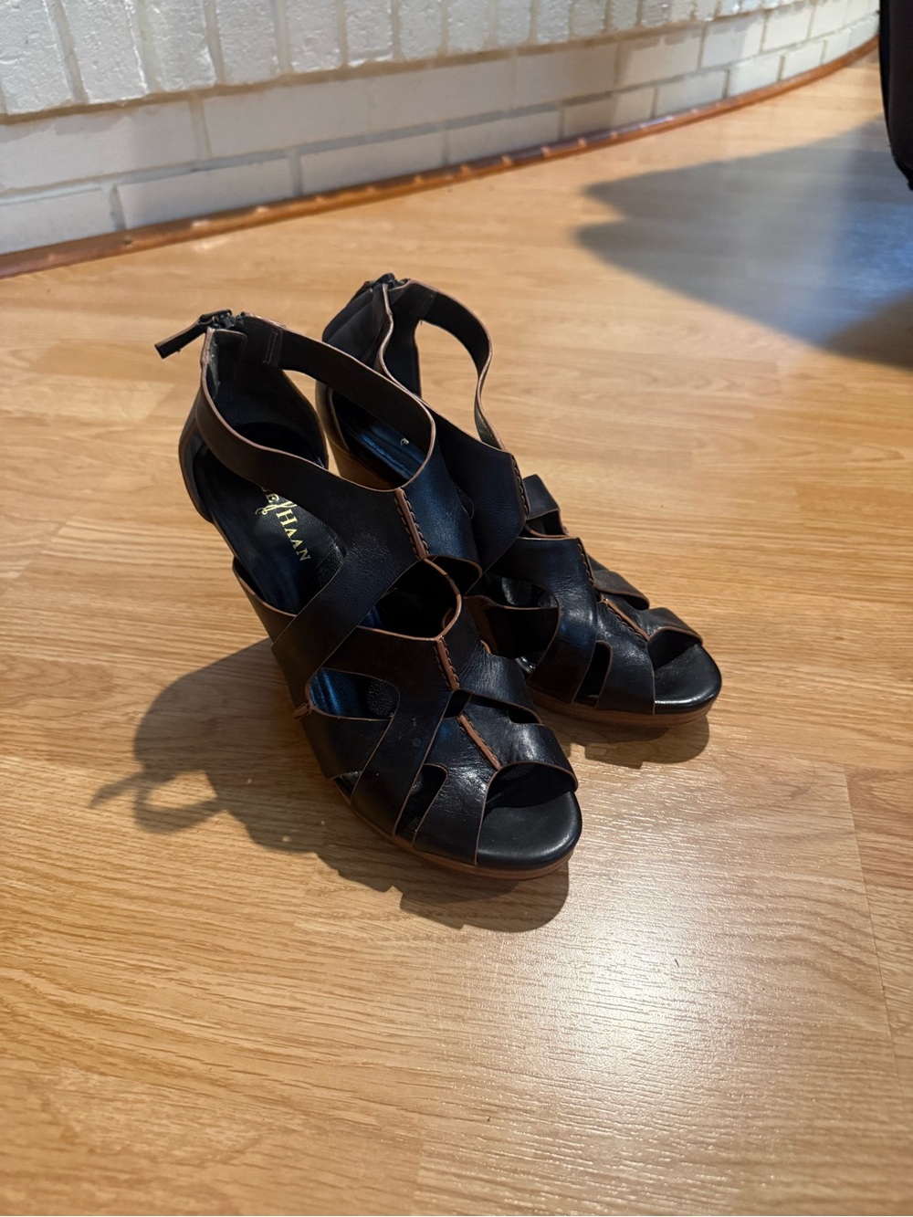 Cole Haan Black Leather Strappy Wedge Sandals - Women